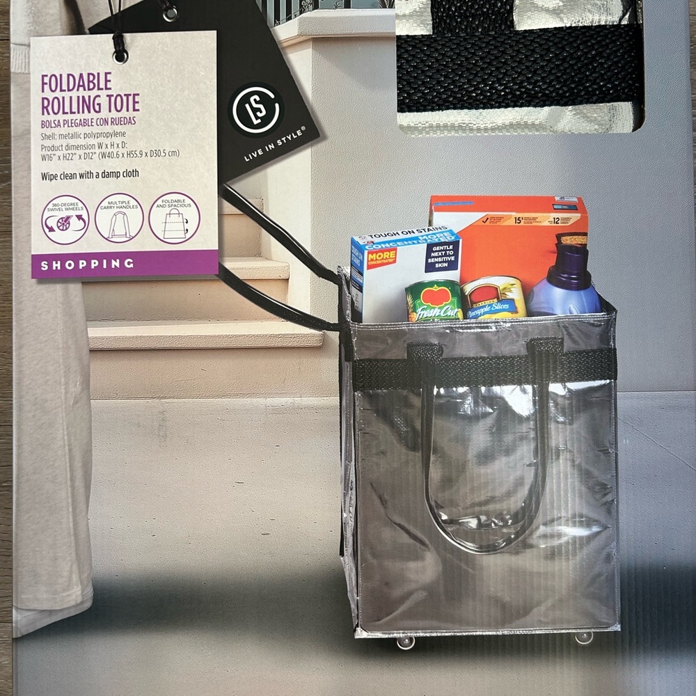 Aldi Life In Stride Handled Foldable Rolling Tote Metallic Silver New In Box